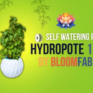 May include: A white, self-watering HydroPote 1.0 pot by BloomFab, holding a lush green plant. The pot has a unique, wavy design. The image features text that reads "SELF WATERING POT HYDROPOTE 1.0 BY BLOOMFAB."