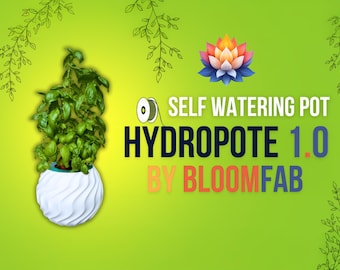 May include: A white, self-watering HydroPote 1.0 pot by BloomFab, holding a lush green plant. The pot has a unique, wavy design. The image features text that reads "SELF WATERING POT HYDROPOTE 1.0 BY BLOOMFAB."
