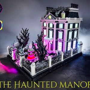 May include: A detailed model of a haunted manor with a black and white color scheme. The manor has a large front door, multiple windows, and a fence surrounding the property. The model is lit with pink and purple lights, creating a spooky atmosphere.