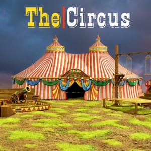 May include: A red and white striped circus tent with a sign that says "Circus" above the entrance. The tent is set up on a grassy field with a cannon and other circus equipment.
