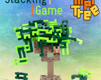 May include: A green and brown stacking game called "Tipi Tree" with the words "Stacking Game" in the top left corner of the image. The game is made up of small, interlocking pieces that can be used to build a variety of structures.