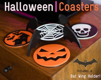 Halloween Coasters with Bat Wing Holder | Bat Wing Holder | Spider Web Coaster | Pumpkin Coaster