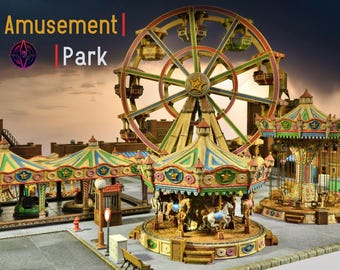 May include: A miniature amusement park with a Ferris wheel, carousel, and other rides. The park is made of wood and painted in bright colors. The Ferris wheel is in the background and the carousel is in the foreground. The carousel has horses and other animals on it. The park is set up on a table and looks like a model.