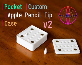 May include: A white plastic pocket case for Apple Pencil tips, version 2, featuring a rectangular base with multiple circular indentations and four embedded magnets. A separate white lid with matching magnets and a single stylus tip are included.