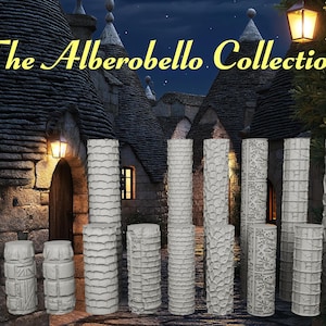 May include: A collection of white cylindrical texture rollers featuring various embossed patterns including brick, stone, and geometric designs. The text "The Alberobello Collection" is displayed in yellow script at the top of the image.