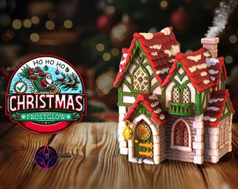 May include: A miniature gingerbread house with a red and white roof, green trim, and a snow-covered chimney. The house has a door with a gold handle and a wreath. The house is sitting on a wooden surface. "Ho Ho Ho Christmas Frostglow" is written on a red and green logo in the background.
