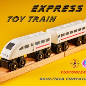 May include: White toy train with black wheels and red accents on a wooden track. The train cars have windows and are labeled "EXPRESS TOY TRAIN". The image also includes the word "CUSTOMIZABLE" and "BRIO/IKEA COMPATIBLE".