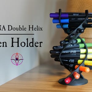 May include: A black pen holder in the shape of a DNA double helix, holding colorful markers. The text "DNA Double Helix Pen Holder" is displayed on the left. The pen holder is on a wooden surface.