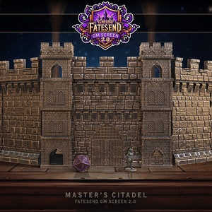May include: A detailed, brown, stone castle wall with a large, open gate and two towers. The castle wall is a 3D printed model for tabletop gaming. The text "MASTER'S CITADEL" and "FATESEND GM SCREEN 2.0" is printed below the castle wall.