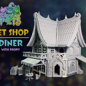 May include: A gray, detailed model of a pet shop diner with props. The building has a multi-level design with a balcony, awning, and intricate architectural details. The text "Fantasy Pets" and "Pet Shop Diner with Props!" is visible.