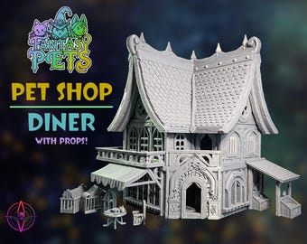 The Pet Shop and Diner | 28-32mm Terrain | With Interior and Exterior Props | Tainted Saint Miniatures