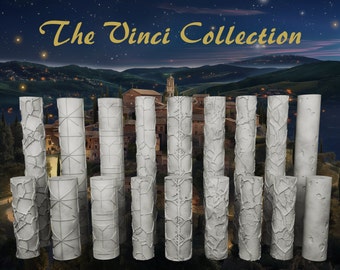 May include: A collection of white cylindrical rollers featuring various embossed surface textures including geometric lines, cracked patterns, and cratered designs, arranged in two rows with the text The Vinci Collection above.