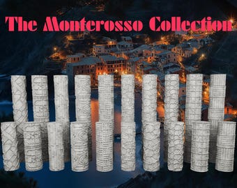 May include: A collection of light gray cylindrical rollers featuring various embossed geometric and textured patterns. The text "The Monterosso Collection" is displayed in bold pink lettering above the array of rollers.