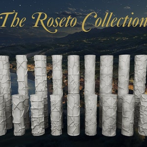 May include: A collection of white cylindrical rollers featuring various embossed textures, including geometric grids, organic cracks, and circular patterns. The text "The Roseto Collection" is displayed in gold script at the top of the image.