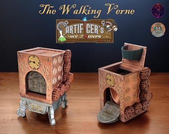 May include: A steampunk-style dice tower with a copper and brass finish. The tower has a clock face, gears, and a hinged lid. The tower is labeled "Artificer's Dice Towers".