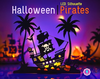 May include: A Halloween-themed LED silhouette featuring a pirate ship with a skull and crossbones flag, palm trees, and the text "Halloween Pirates." The design includes a jack-o'-lantern and treasure chest.