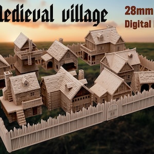 Könnte beinhalten: Ein mittelalterliches Dorfset im Maßstab 28 mm mit einem Holzzaun, einem Tor und mehreren Gebäuden. Die Gebäude sind aus Holz und Stein und haben Strohdächer. Das Set ist perfekt für Tabletop-Spiele oder Miniaturdioramen.