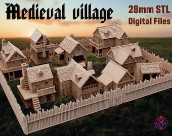 Medieval Village (STL files) | Digital Files | Full Fenced Village Set | 28mm Terrain