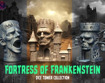 May include: Three gray Frankenstein-themed dice towers. The towers are in the shape of Frankenstein's head and a castle. The text "FORTRESS OF FRANKENSTEIN" and "DICE TOWER COLLECTION" are displayed in green.