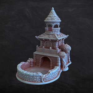 May include: A miniature stone tower with a pointed roof and a small courtyard. The tower has a wooden door and a balcony with a railing. The courtyard is surrounded by a stone wall with vines growing on it. The tower is painted in shades of gray and brown.