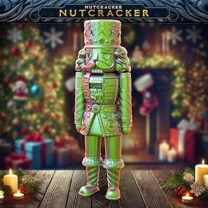 May include: A green and gold nutcracker figurine with a red and white striped hat and a mustache. The nutcracker is standing on a wooden surface with a Christmas tree and presents in the background.