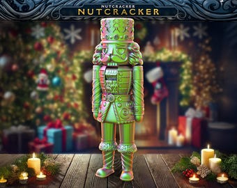 May include: A green and gold nutcracker figurine with a red and white striped hat and a mustache. The nutcracker is standing on a wooden surface with a Christmas tree and presents in the background.