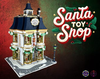 May include: A detailed Christmas-themed miniature toy shop with a navy blue roof, gold trim, and a sign that reads "Santa Toy Shop." The building has multiple windows with red curtains and is decorated with festive garlands. A street lamp stands nearby.
