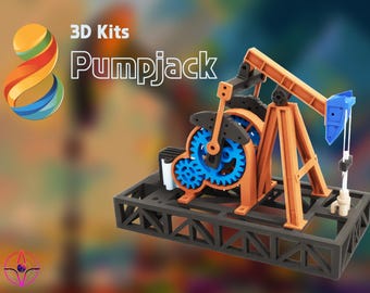 May include: A 3D model kit of a pumpjack, featuring orange, black, and blue components. The model sits on a black base with the words "3D Kits Pumpjack" in white. The gears and other mechanical parts are visible.