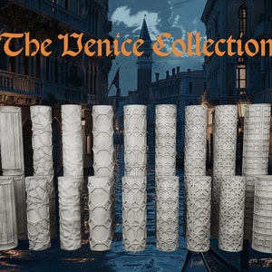 Könnte beinhalten: Eine Sammlung von achtzehn zylindrischen Walzen mit verschiedenen geprägten Texturen und geometrischen Mustern, angeordnet in zwei Reihen. Der Text "The Venice Collection" ist in orangefarbenen Buchstaben oben im Bild zu sehen.