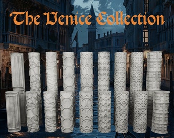 May include: A collection of eighteen cylindrical rollers featuring various embossed textures and geometric patterns, arranged in two rows. The text "The Venice Collection" is displayed in orange lettering at the top of the image.