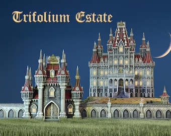 May include: A model of a large, ornate castle with a tall, pointed roof and many windows. The castle is surrounded by a stone wall with arched openings. The castle is set against a blue sky with a crescent moon in the background. The text "Trifolium Estate" is written in gold letters at the top of the image.
