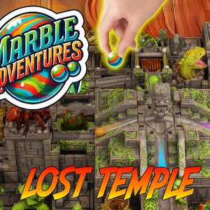 May include: A marble run game set with a jungle theme. The game is called "Marble Adventures Lost Temple". The game features a green, brown, and gray temple with a waterfall and a green lizard. There are several marbles in the game, including a blue marble, a green marble, and a purple marble.