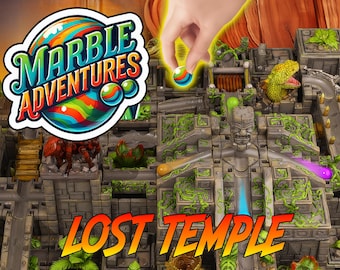 May include: A marble run game set with a jungle theme. The game is called "Marble Adventures Lost Temple". The game features a green, brown, and gray temple with a waterfall and a green lizard. There are several marbles in the game, including a blue marble, a green marble, and a purple marble.
