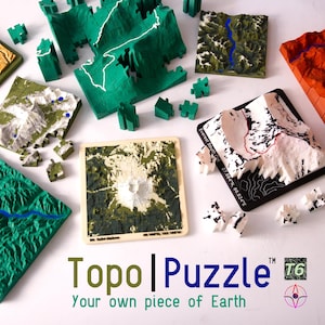May include: A collection of 3D topographic map puzzles featuring various landscapes in green, orange, white, and black. Each square puzzle piece displays terrain details, elevation lines, and geographic labels. The text Topo|Puzzle T6 is visible.