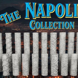May include: A collection of cylindrical rollers featuring various embossed textures in a light gray finish. The text THE NAPOLI COLLECTION is displayed in large blue letters with yellow outlines above the array of textured rollers.