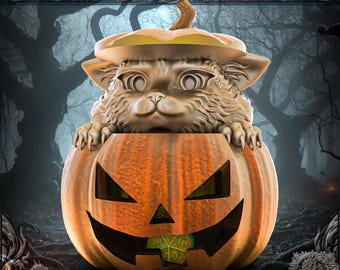 May include: A ceramic pumpkin with a carved face and a small cat figurine peeking out of the top. The cat is wearing a hat and has a mischievous expression. The pumpkin is a holder for dice or other small items.