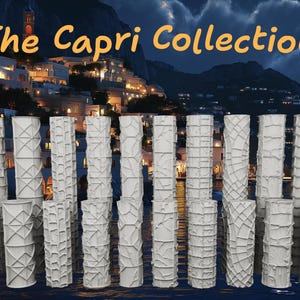 May include: A collection of twenty white cylindrical rollers featuring various embossed geometric and textured patterns. The text The Capri Collection is displayed in orange at the top of the image, set against a night scene of a coastal town.