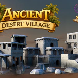 Könnte beinhalten: Ein 3D-Modell eines antiken Wüstendorfes. Die Gebäude sind aus hellem Stein mit flachen Dächern und kleinen Fenstern gebaut. Der Text "ANCIENT DESERT VILLAGE" und "STL DIGITAL FILES 28mm" ist enthalten.