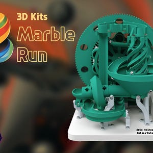 May include: A teal blue 3D printed marble run kit with a large gear and a funnel at the top. The kit is labeled "3D Kits Marble Run".
