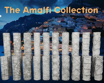 May include: A collection of eighteen cylindrical clay texture rollers arranged in two rows, each featuring a unique embossed pattern. The text "The Amalfi Collection" is printed in orange at the top against a night view of a coastal town.