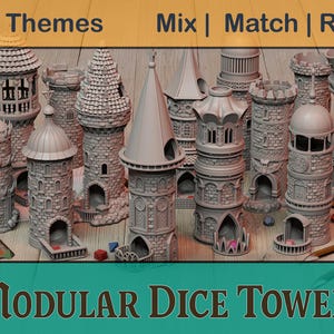 May include: A collection of gray modular dice towers in various architectural styles, including castle turrets and domed structures. The image includes the text "19 Themes" and "Modular Dice Towers."