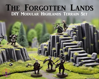 May include: A DIY modular highlands terrain set for tabletop gaming. The image shows a miniature landscape with gray rock formations, green grass, and miniature figures. The text "The Forgotten Lands" and "DIY Modular Highlands Terrain Set" is displayed at the top.