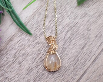Handmade Golden Rutilated Quartz Pendant: Yellow Gold Filled Wire Wrap - Made in Texas