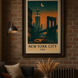 New York City Vintage Poster – Digital Download Wall Art, Printable NYC Decor, Empire State & Brooklyn Bridge, Yellow Taxi Illustration