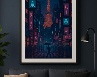 東京サイバーパンクナイト - デジタルダウンロードウォールアート、ネオン未来都市景観プリント、日本の都市装飾、ナイトシティコレクション