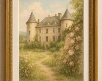 French Chateau Watercolor Print – Romantic Vintage Wall Art, Chateaucore Digital Download, French Country Decor