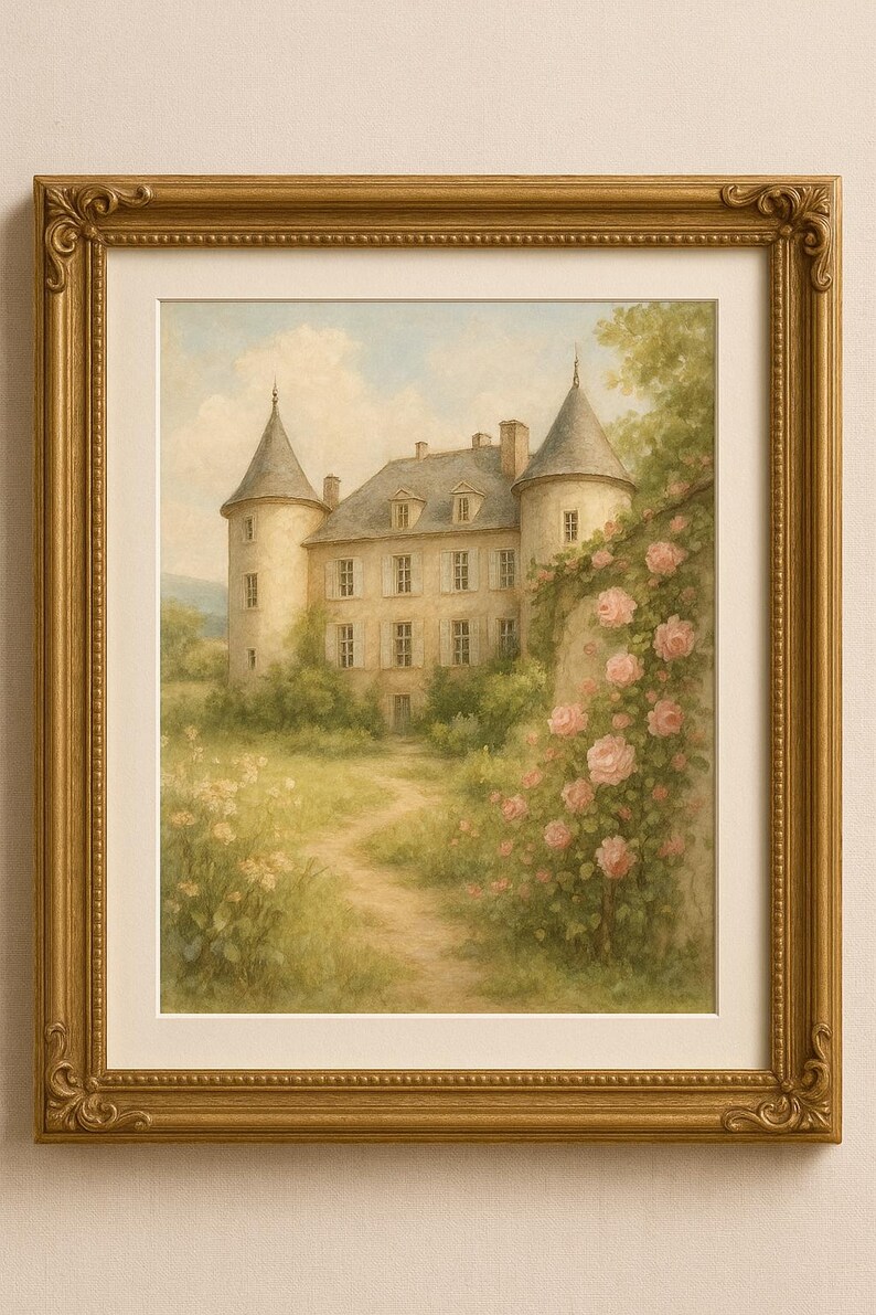 Turret And Roses French Chateau Watercolor Print – Romantic Vintage Wall Art ...