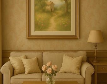 Golden Path Watercolor Print – Country Cottage Digital Wall Art, Wildflower Meadow Landscape, Instant Download, Vintage Farmhouse Decor