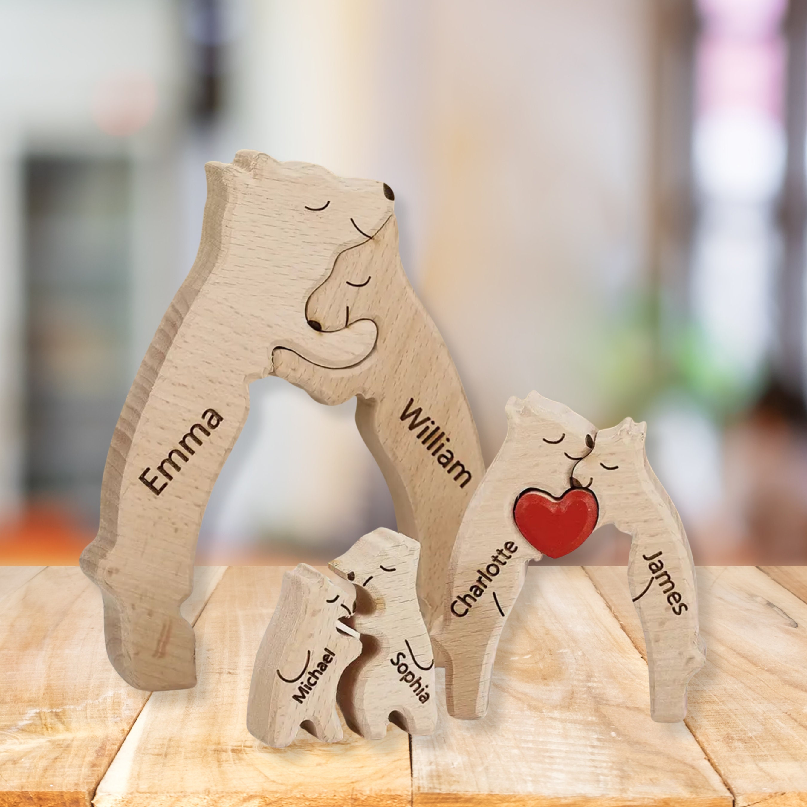 Father's Day Personalized Wooden Bear Family Puzzle With 2-6 Names Puzzle Custom Sculpture Home Decor Gift For Dad Mom Housewarming Birthday Mother's