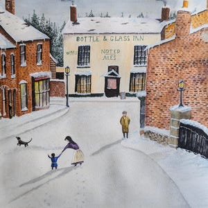 May include: A watercolour painting of a snowy street scene with a pub called "Bottle & Glass Inn" with the sign "Noted Ales". There are people walking in the snow, a red post box, and a black dog.